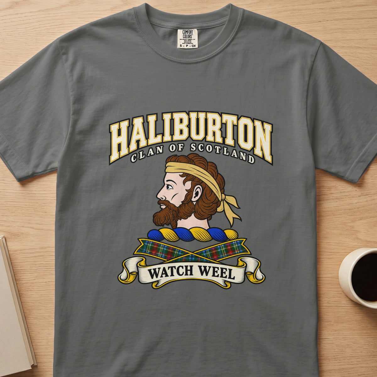 Haliburton clan T-shirt in gray, front view with bearded head with a gold headband