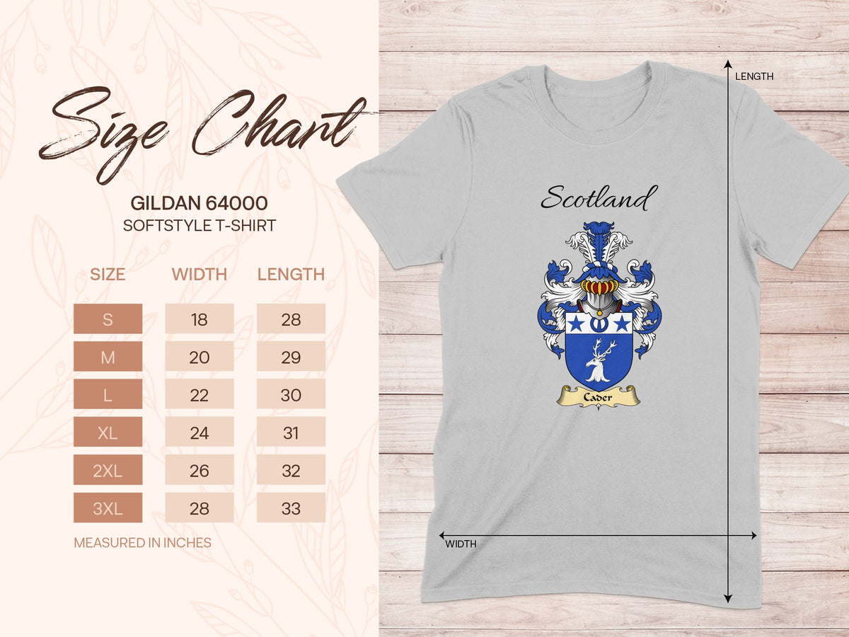 Gildan 64000 size chart for the Cader unisex T-shirt, sizes S to 3XL