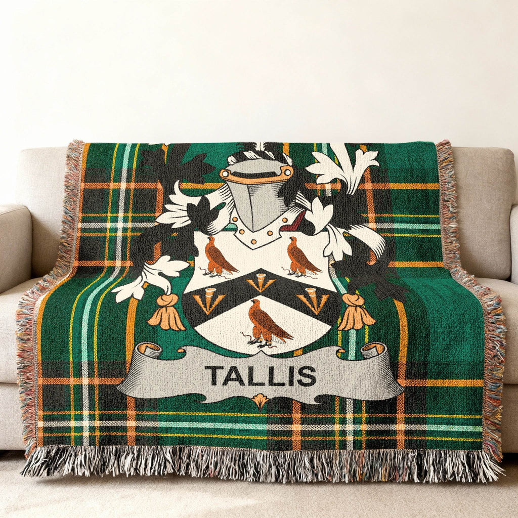 Green tartan throw blanket with the Tallis family crest and name.