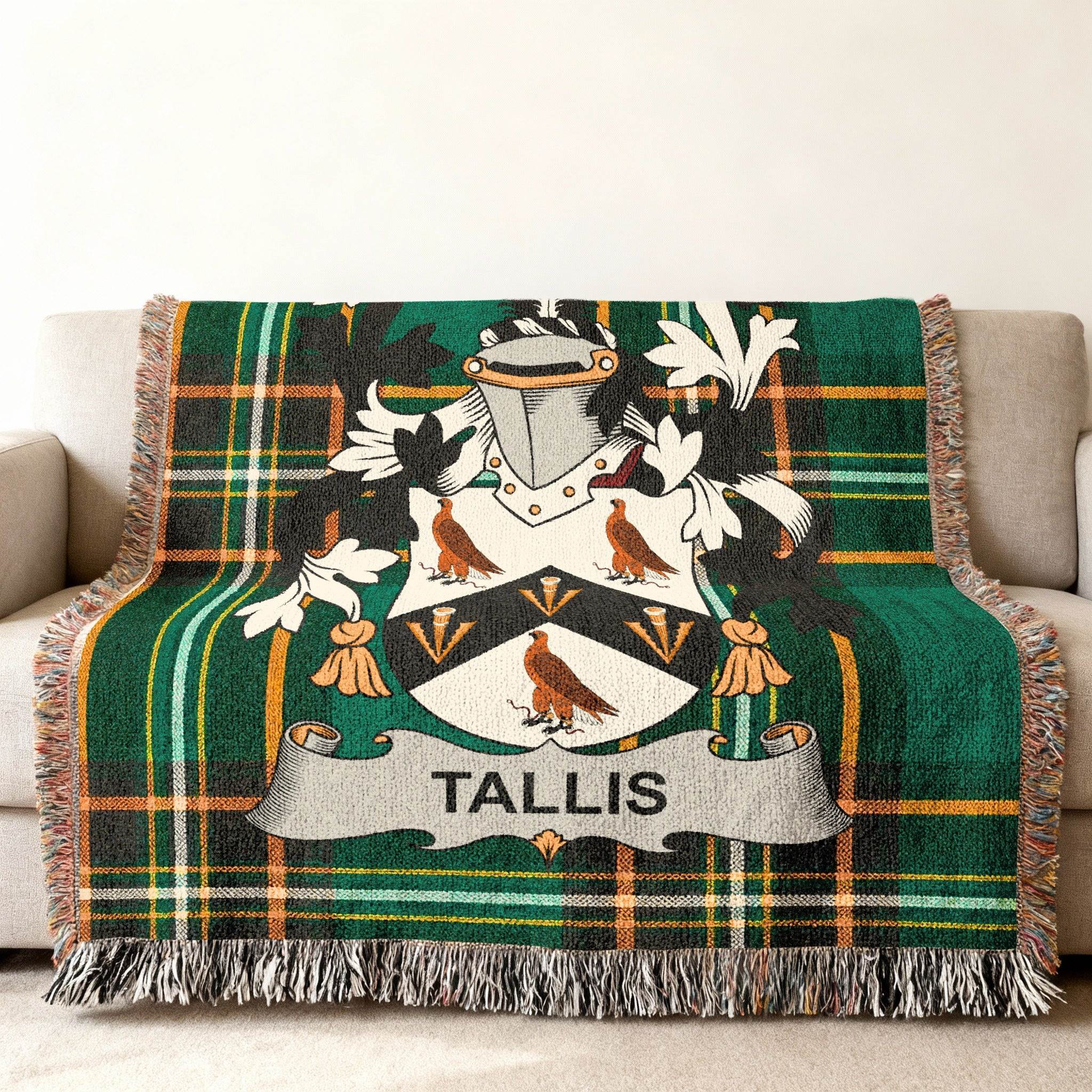 Green tartan throw blanket with the Tallis family crest and name.