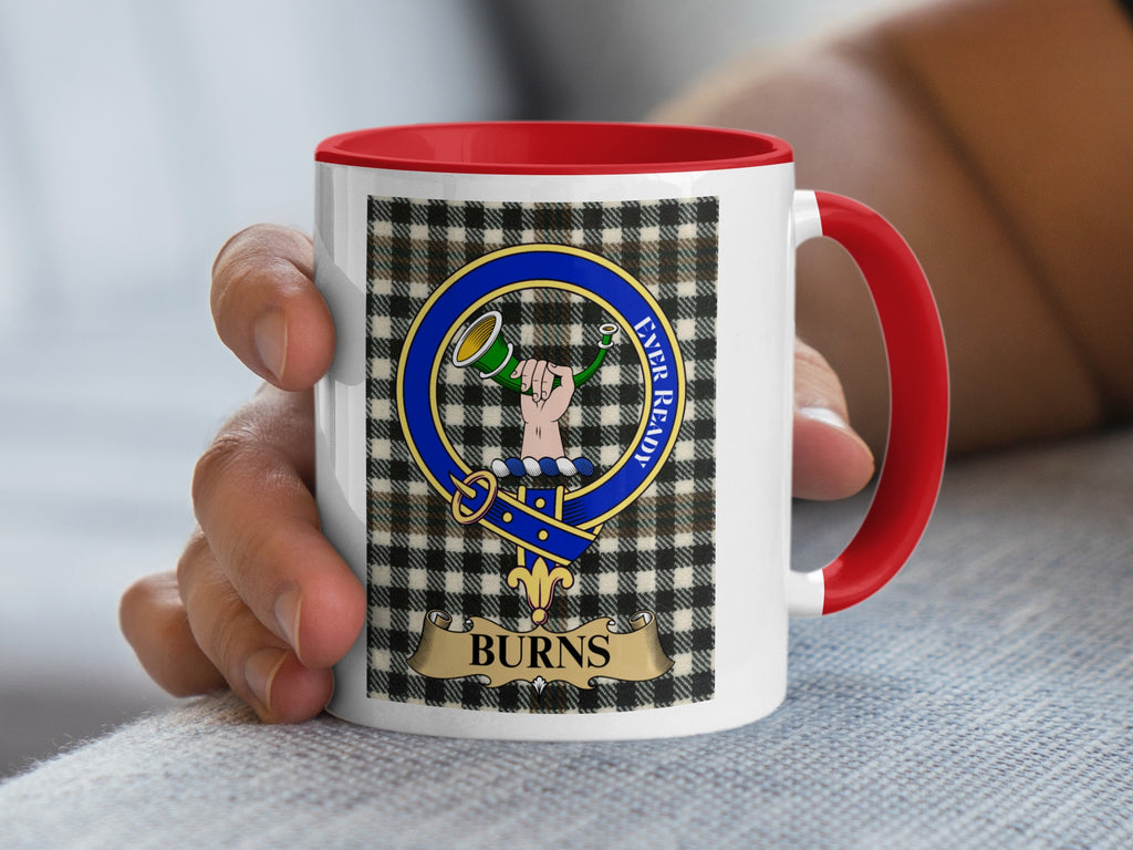 Burns tartan crest mug with red handle and interior — 11oz ceramic