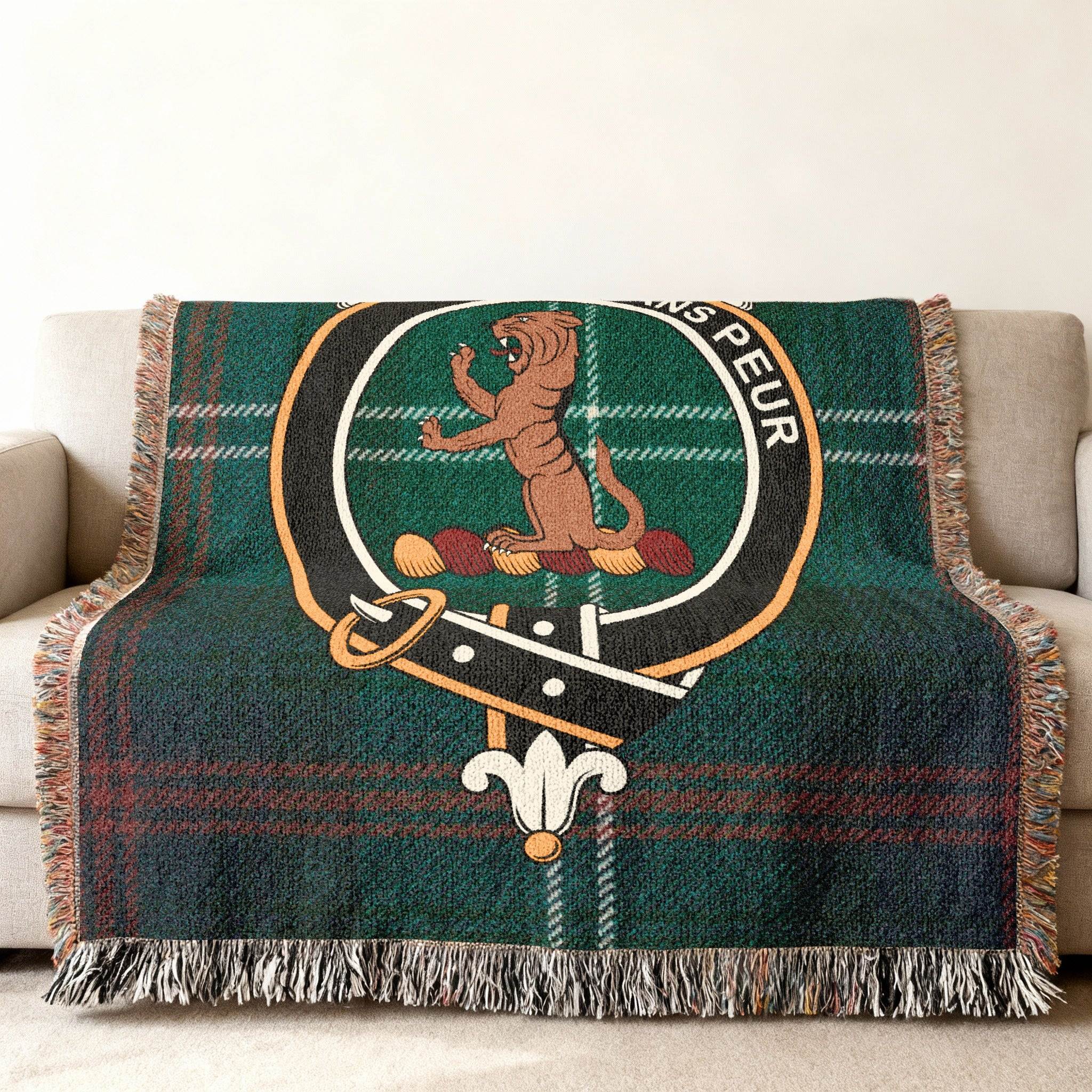 Sutherland highland crest tartan woven throw blanket — stylish home display