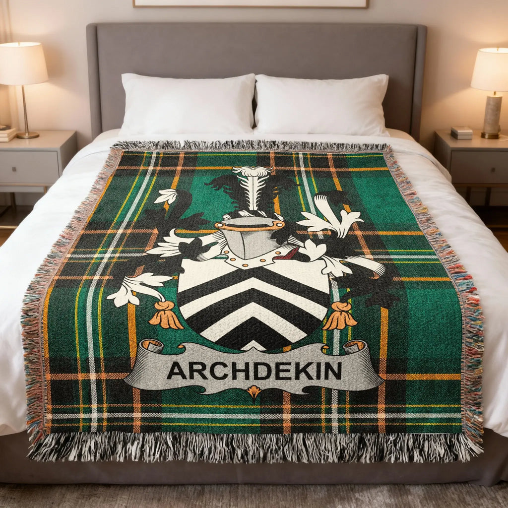 Archdekin Irish family crest woven blanket with Irish tartan design and fringed edges