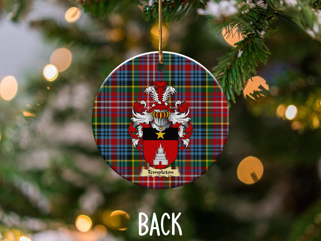 Templeton ceramic ornament detail showing a double-sided family shield on a Caledonia tartan background