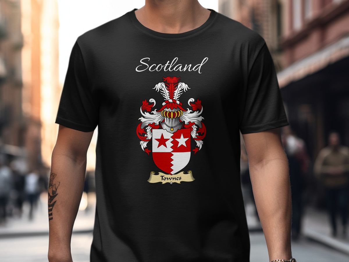 Model wearing the black Townes Scottish surname T-shirt with family crest artwork.
