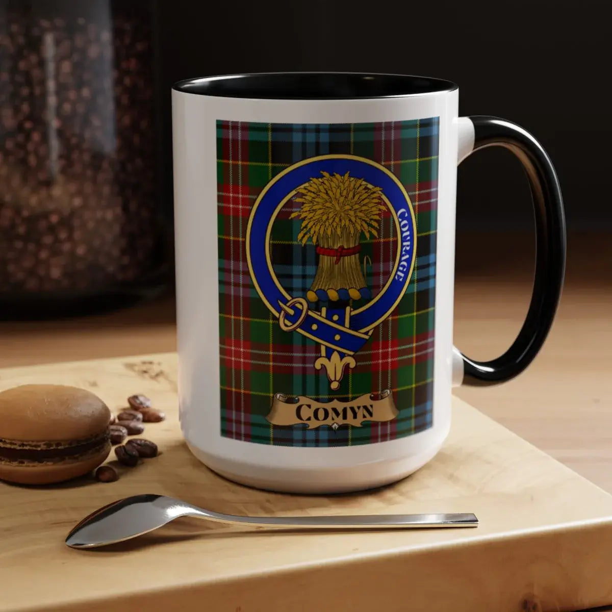 Close-up of the Comyn clan crest printed on a ceramic mug