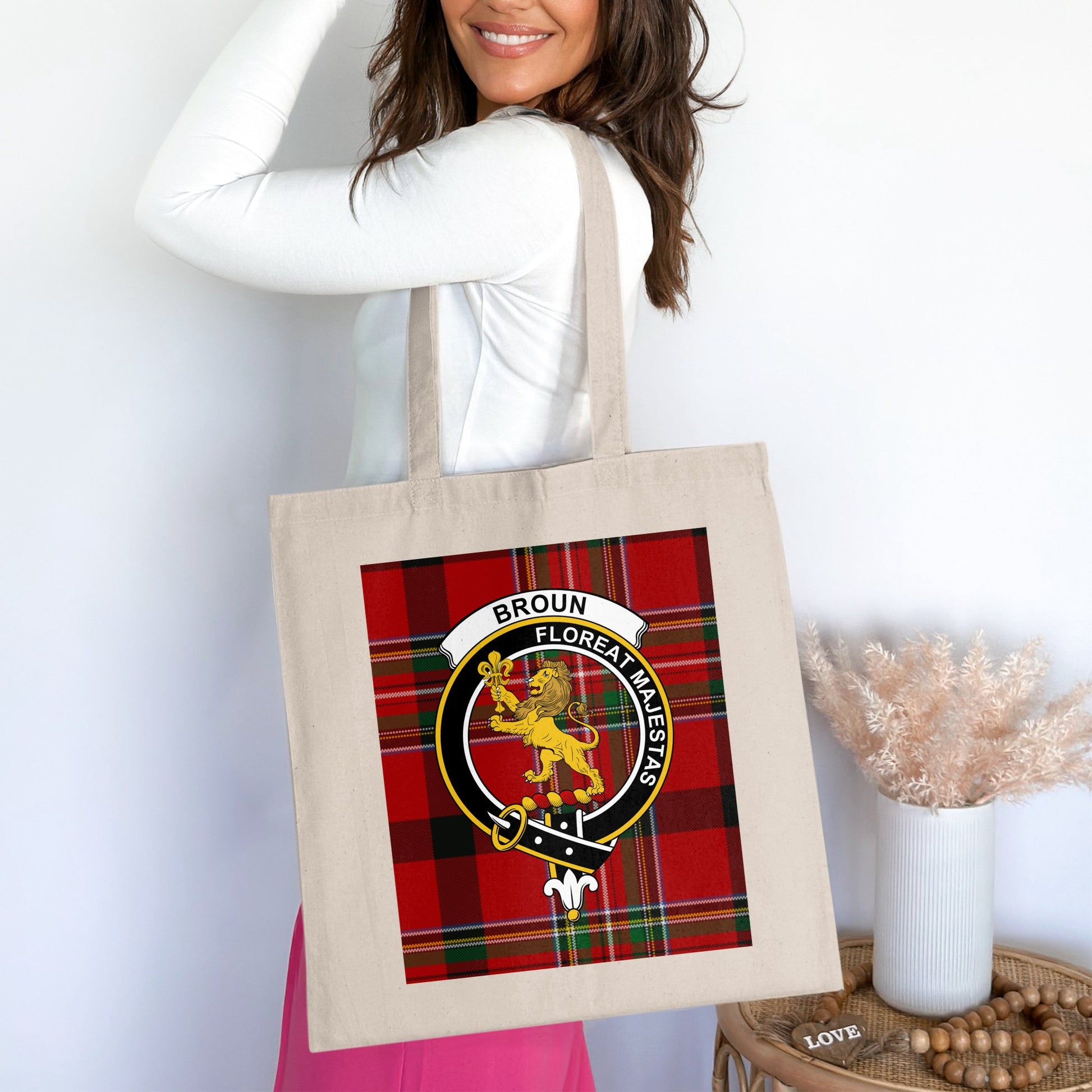 Broun Scottish Clan Crest on Tartan Background Tote Bag - Living Stone Gifts