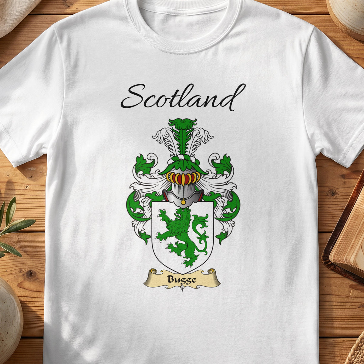 White Bugge Scottish family shield T-shirt featuring a green lion on a white shield