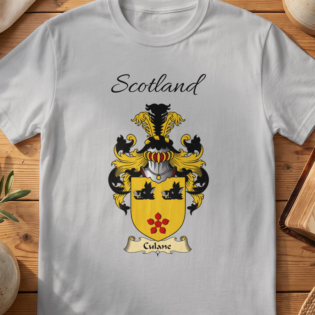 Sport Grey Culane Scottish family shield T-shirt featuring two black boar heads above a red flower