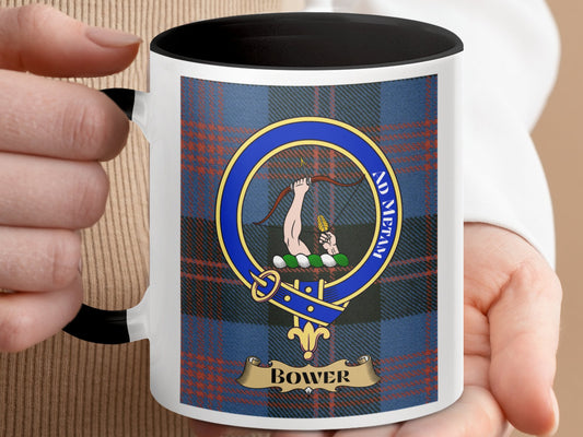 Bower Clan Coat Of Arms Design Blue Plaid Pattern Mug - Living Stone Gifts