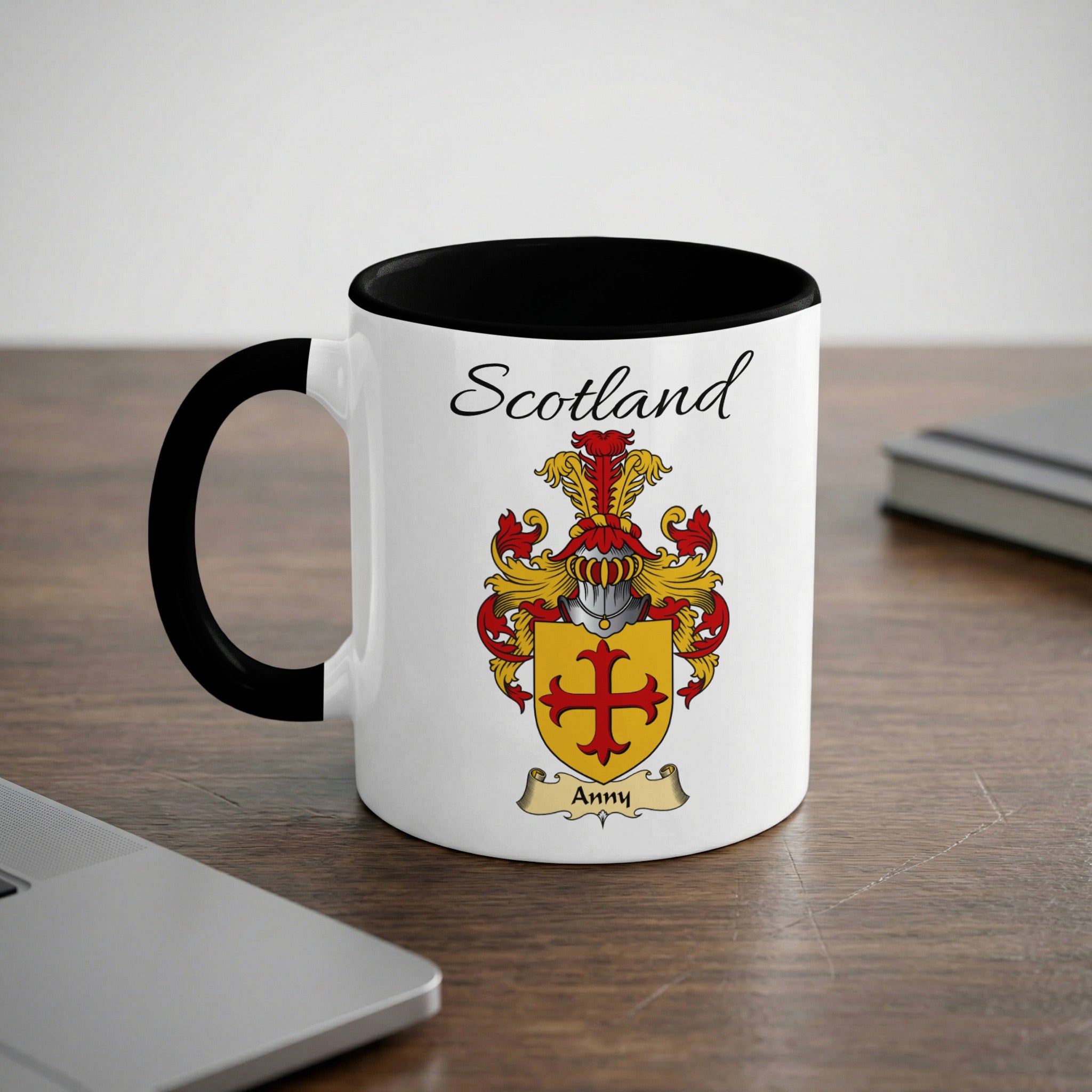 Anny Scottish family crest accent mug with Scotland lettering and coat of arms artwork