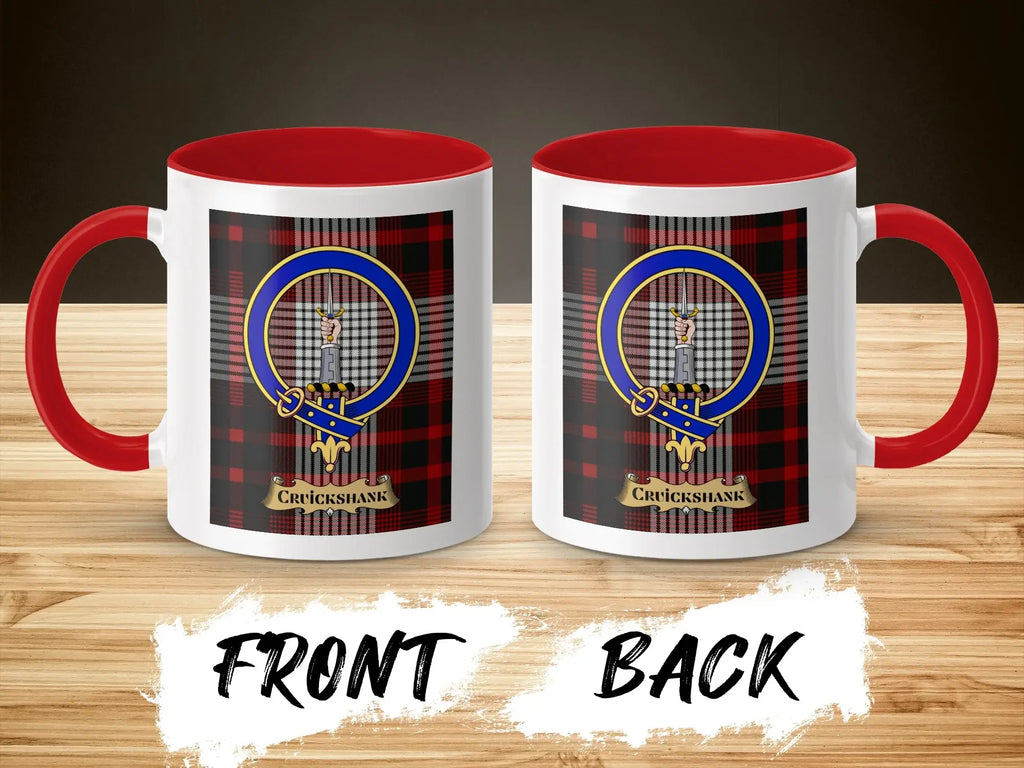 Cruickshank tartan-background crest mug shown as a Scottish heritage gift