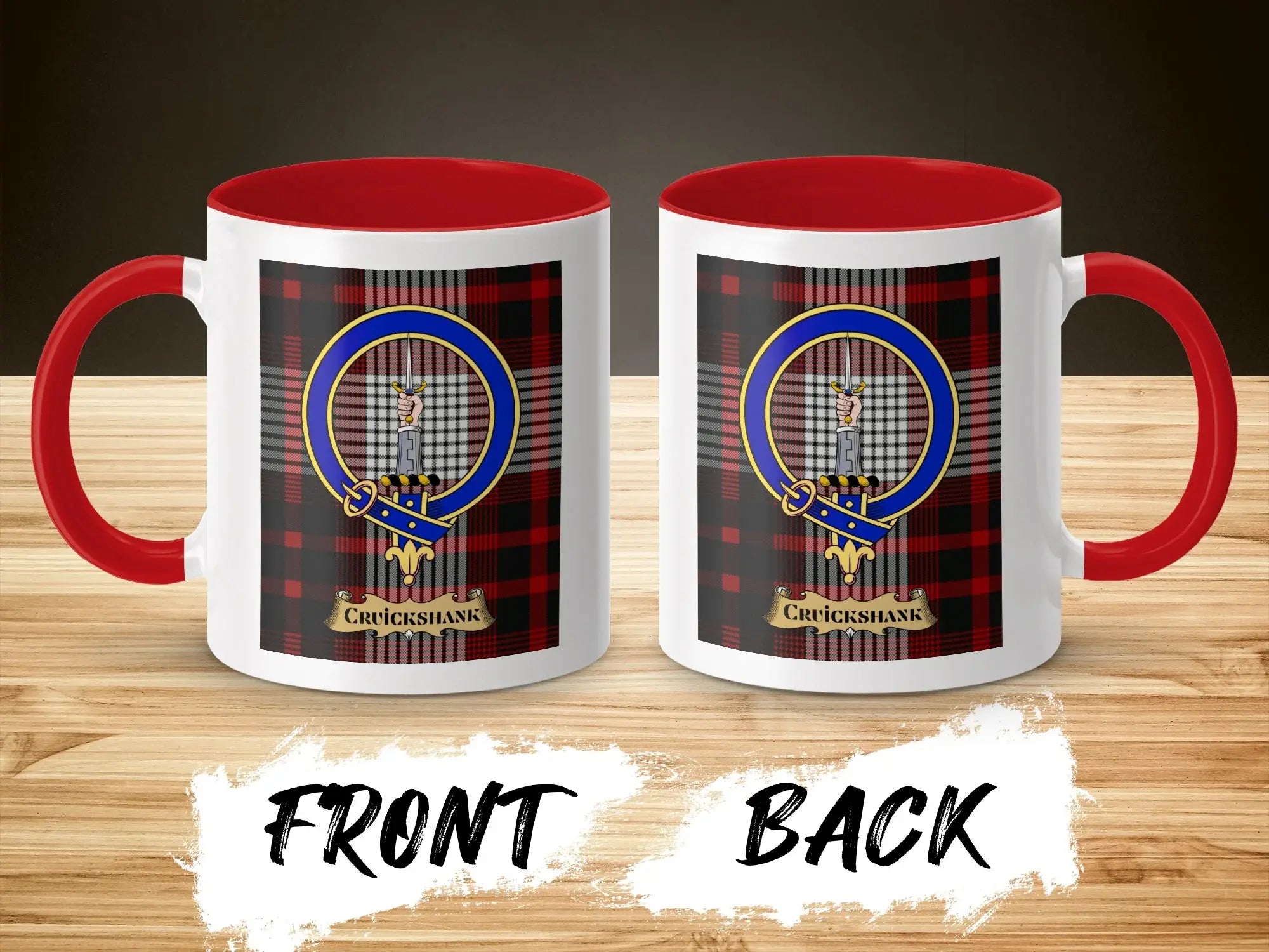 Cruickshank tartan-background crest mug shown as a Scottish heritage gift