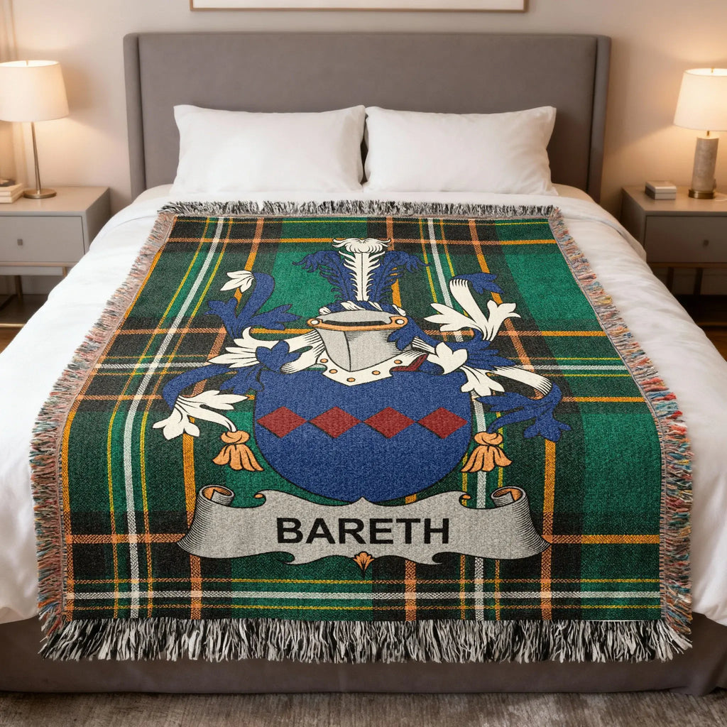 Bareth Irish family crest woven blanket with Irish tartan design and fringed edges
