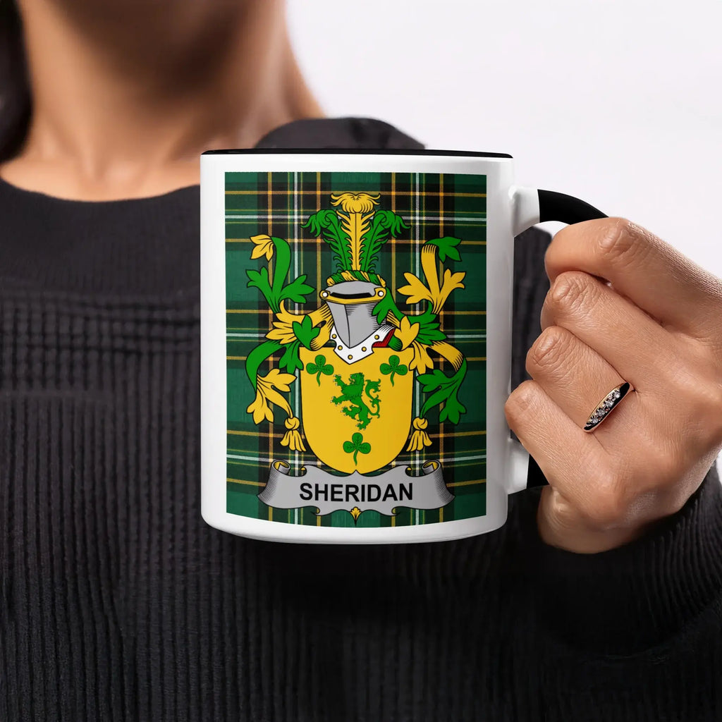 Sheridan black accent mug with Irish National Tartan and family crest