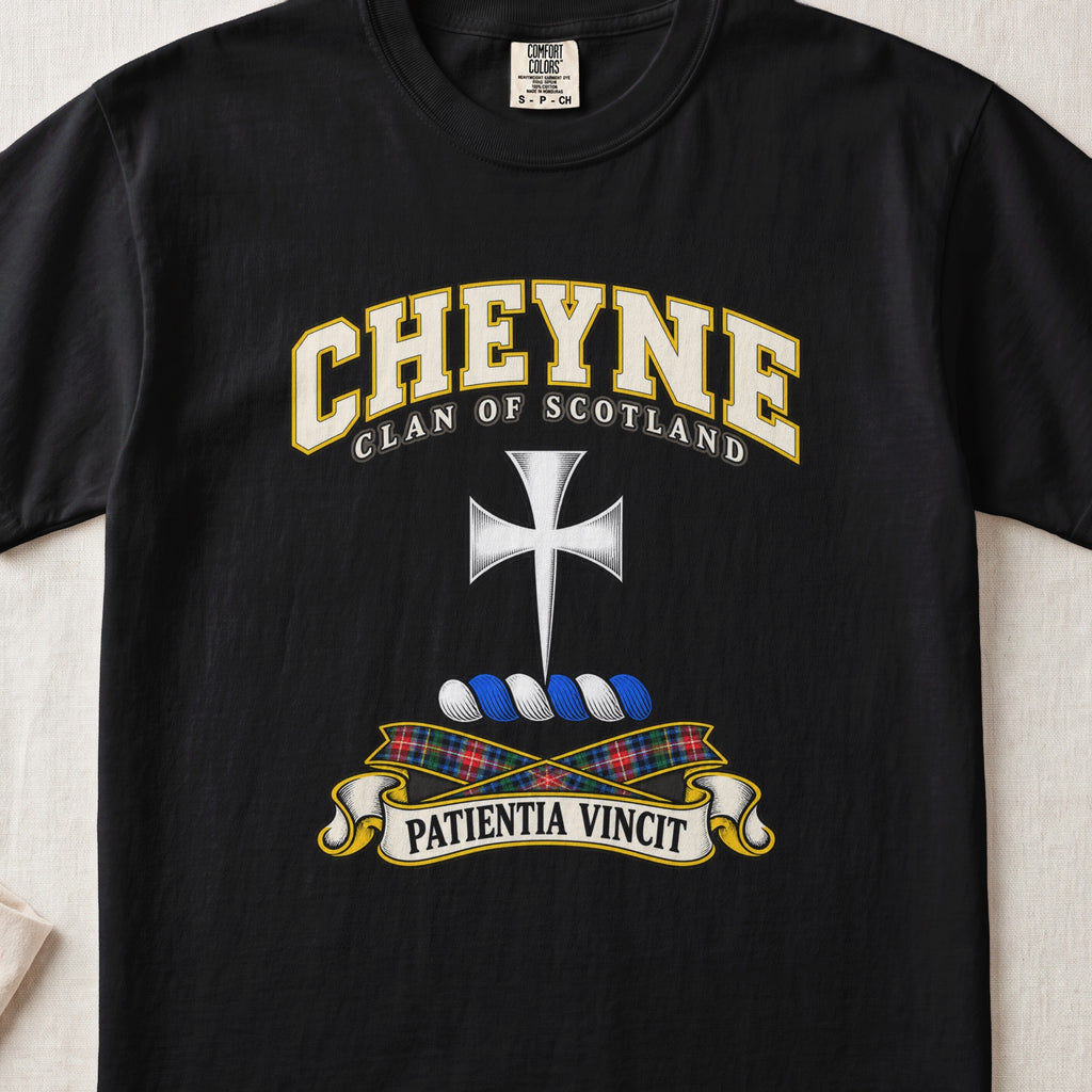 Cheyne Scottish clan T-shirt in Black, front view with a silver cross with flared arms and motto design.