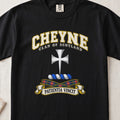 Cheyne Scottish clan T-shirt in Black, front view with a silver cross with flared arms and motto design.