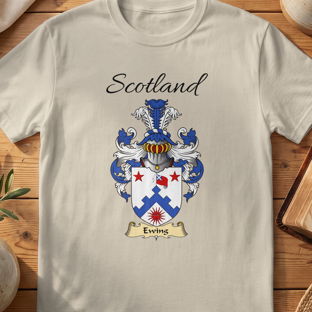 Sand Ewing Scottish family shield T-shirt featuring a blue stepped chevron with red stars