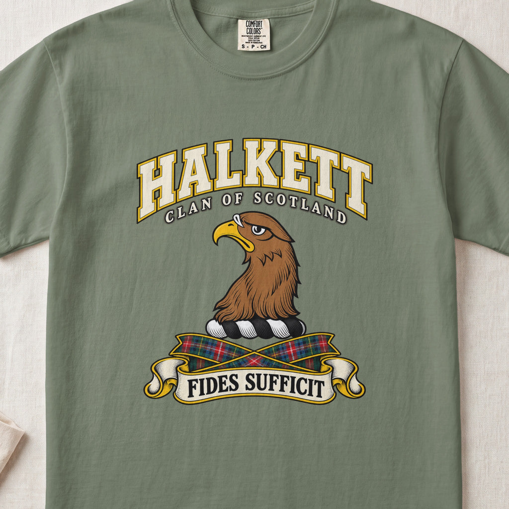 Halkett Scottish clan T-shirt in Moss, front view with a brown eagle head and motto design.