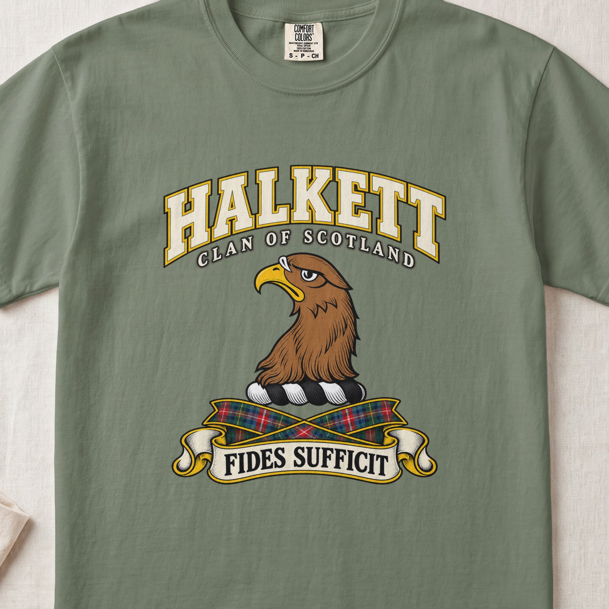 Halkett Scottish clan T-shirt in Moss, front view with a brown eagle head and motto design.