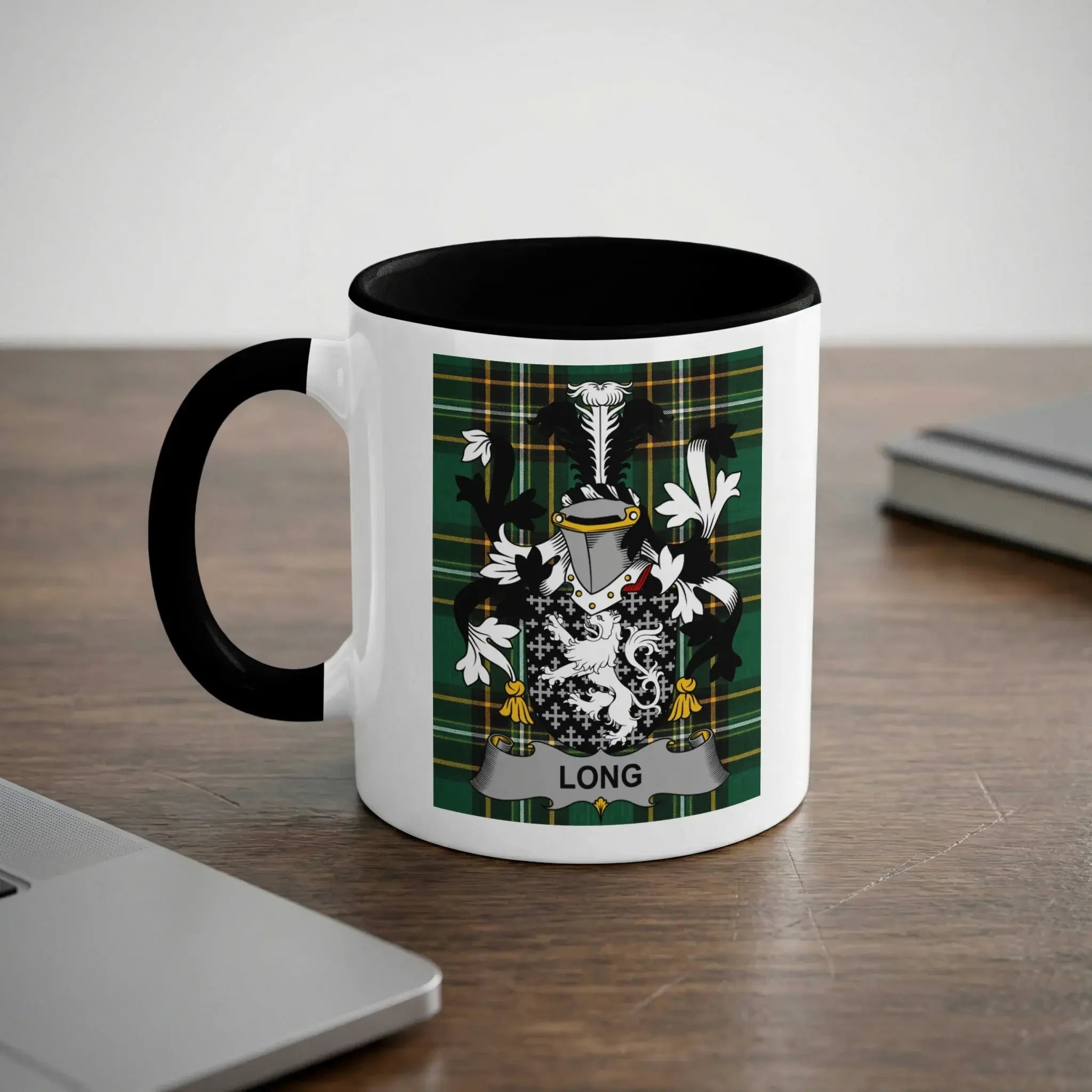 Long Irish heritage mug with black handle and family crest