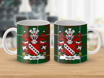 Harold Welsh Surname Coat of Arms on Tartan Background Mug - Living Stone Gifts