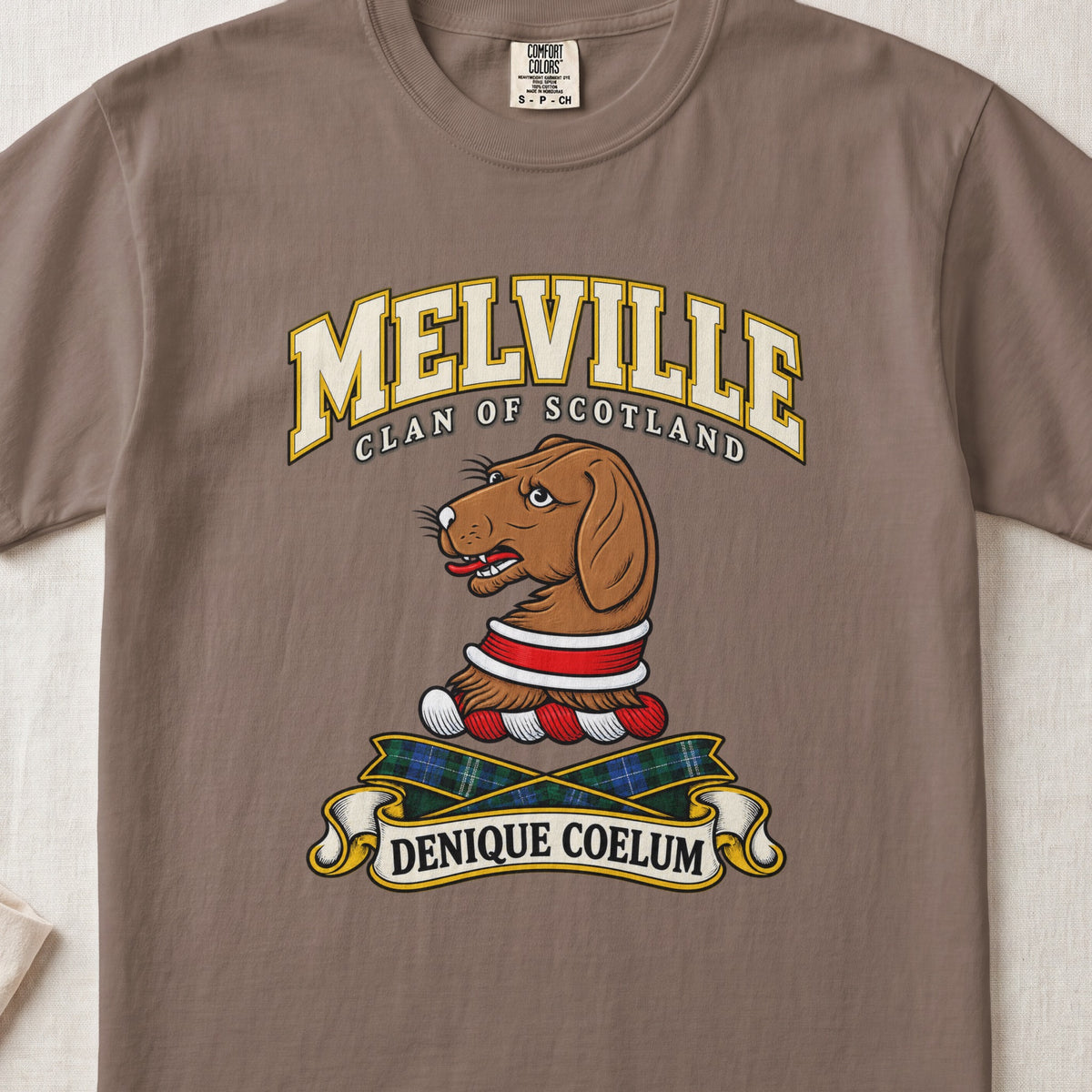 Melville Scottish clan T-shirt in Espresso, front view with a brown hound head with a red and white collar and motto banner.