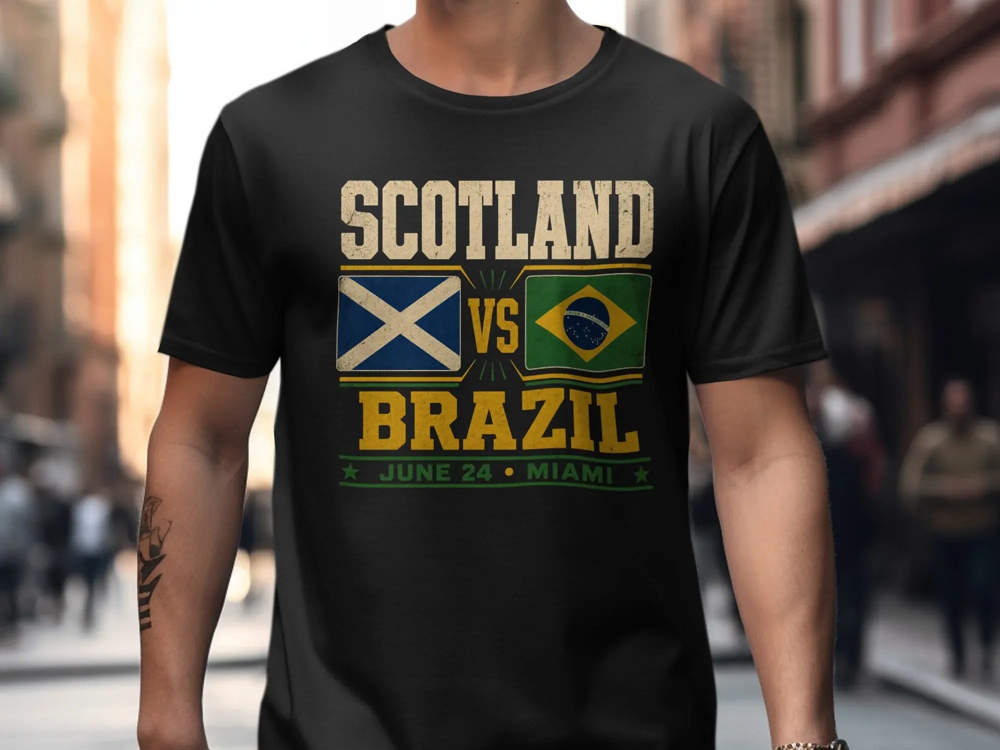 Black t-shirt with Scotland vs Brazil, June 24 Miami graphic.