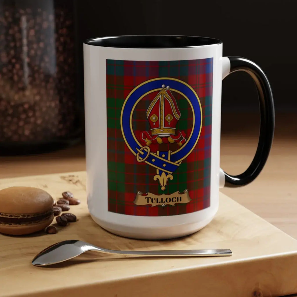 Close-up of the Tulloch clan crest printed on a ceramic mug