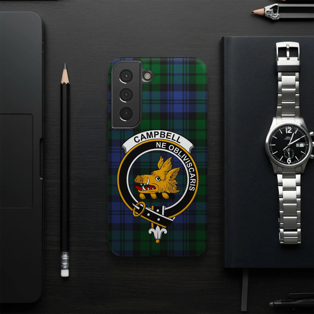 Campbell tartan iPhone case — dark green and black plaid crest, edge-to-edge 3D wrap print