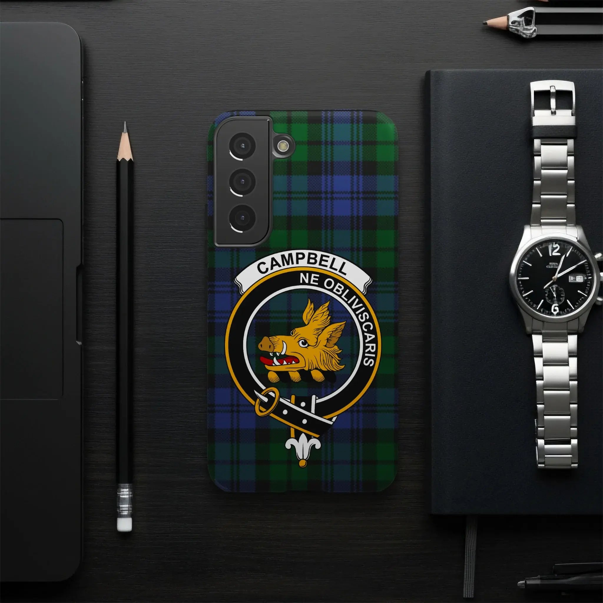 Campbell tartan iPhone case — dark green and black plaid crest, edge-to-edge 3D wrap print