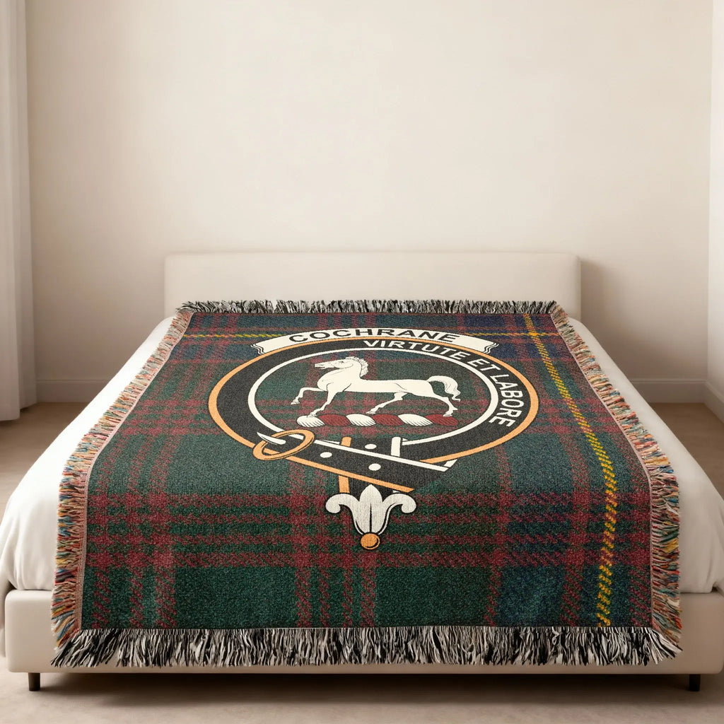 Cochrane clan virtute et labore Scottish tartan woven blanket — cotton fringe