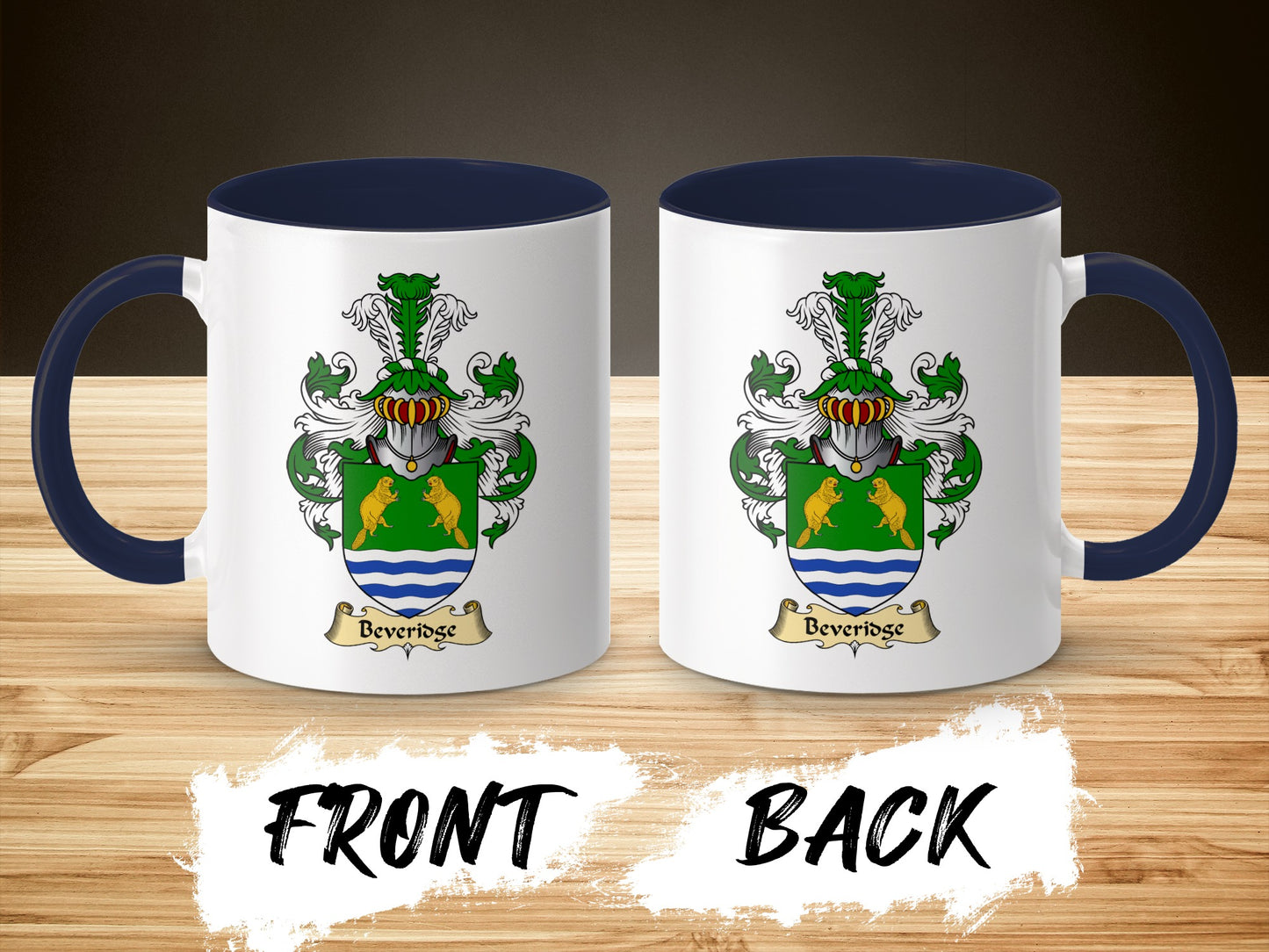 Two views of a white mug with a navy blue handle, displaying a coat of arms with the name "Beveridge".