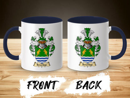 Two views of a white mug with a navy blue handle, displaying a coat of arms with the name "Beveridge".