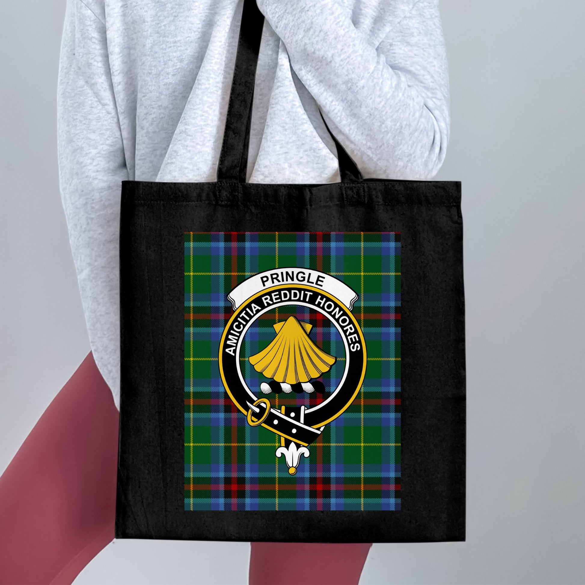 Scottish Clan Crest on Tartan Background Tote Bag - Living Stone Gifts