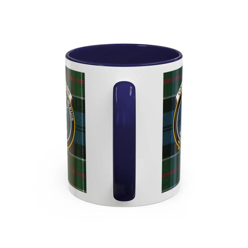 Colquhoun Si Je Puis tartan mug — blue and green coat of arms on glossy 15oz ceramic