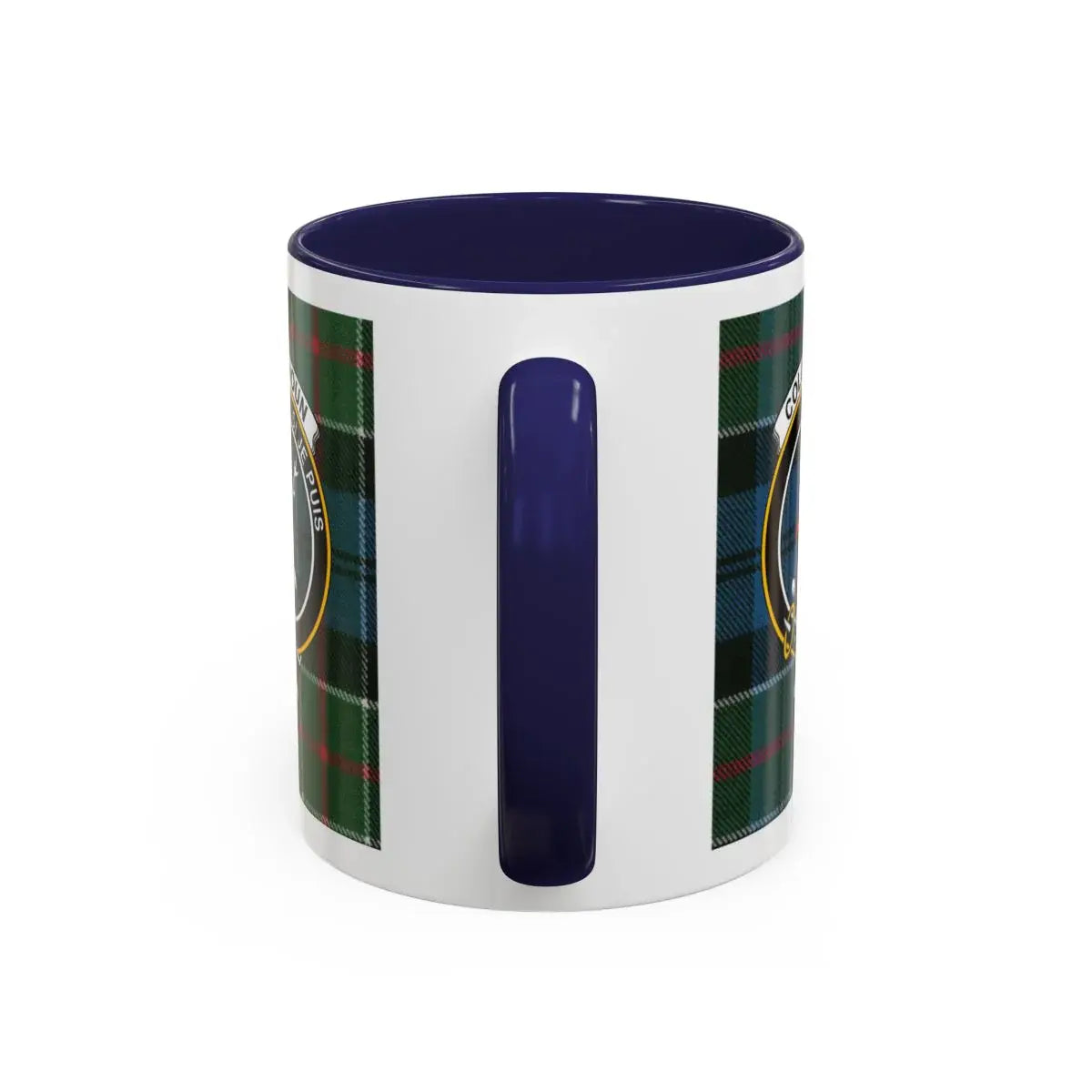 Colquhoun Si Je Puis tartan mug — blue and green coat of arms on glossy 15oz ceramic