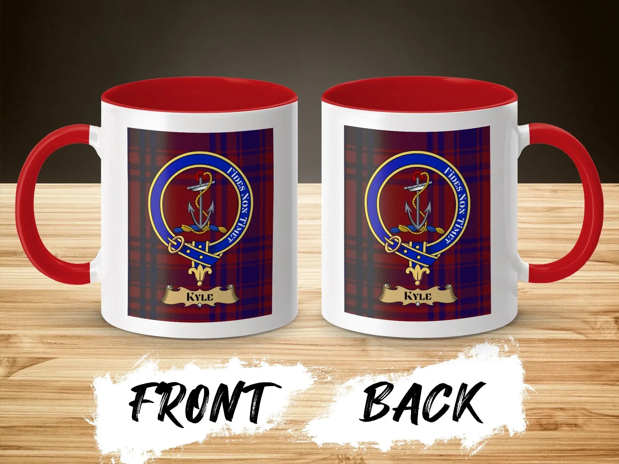 Kyle tartan-background crest mug shown as a Scottish heritage gift