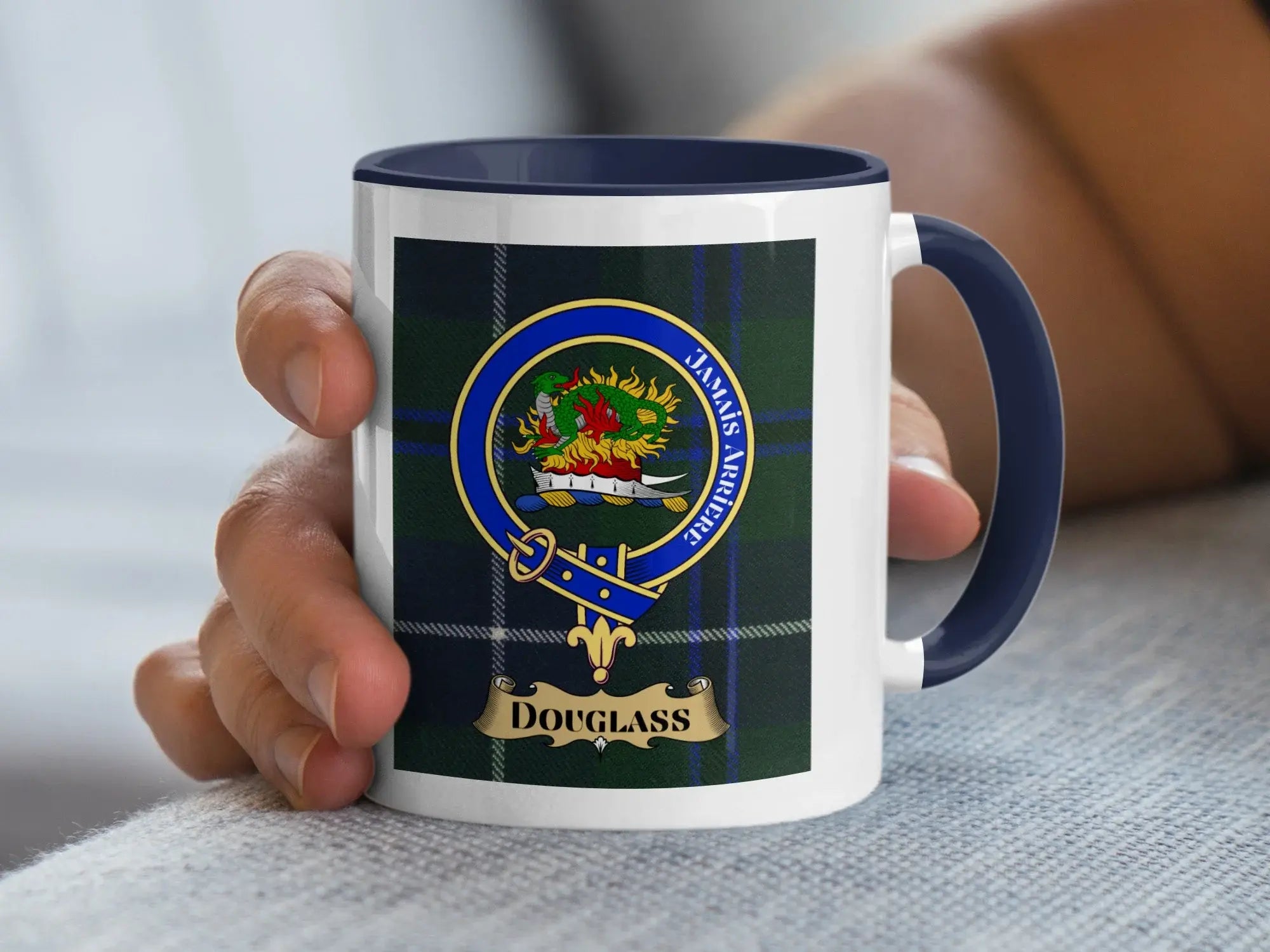 Douglass clan crest tartan accent mug 11oz — glossy white ceramic with heraldic design, black handle
