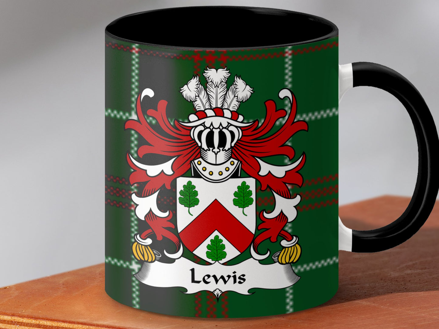 Lewis Welsh Surname Coat of Arms on Tartan Background Mug - Living Stone Gifts