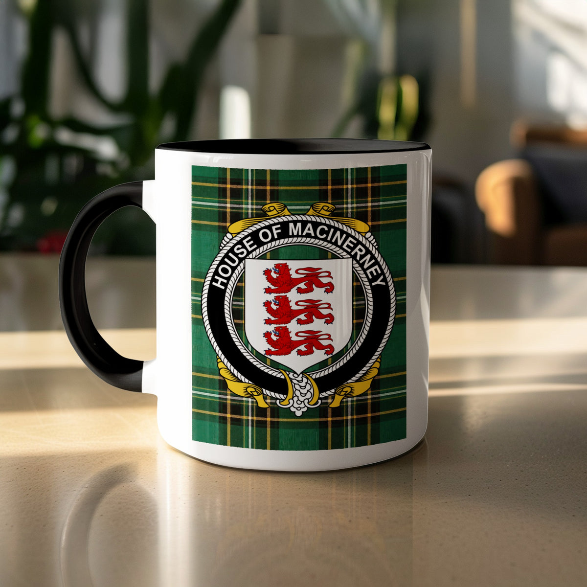 McInerney surname accent mug displayed with Irish National Tartan design