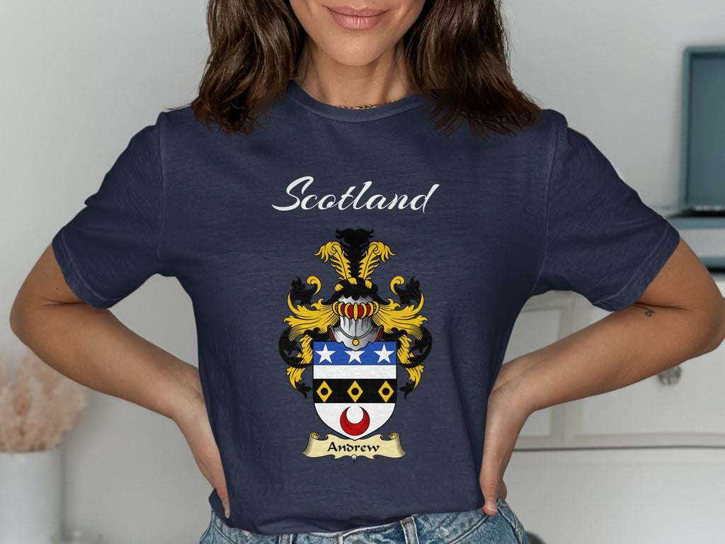 Andrew Scottish family shield design on Navy T-shirt