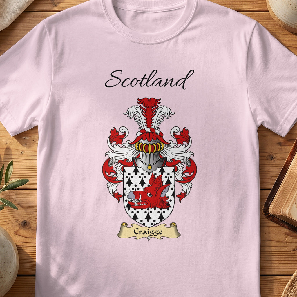 Light Pink Craigge Scottish family shield T-shirt featuring a red figure against a black-and-white patterned shield