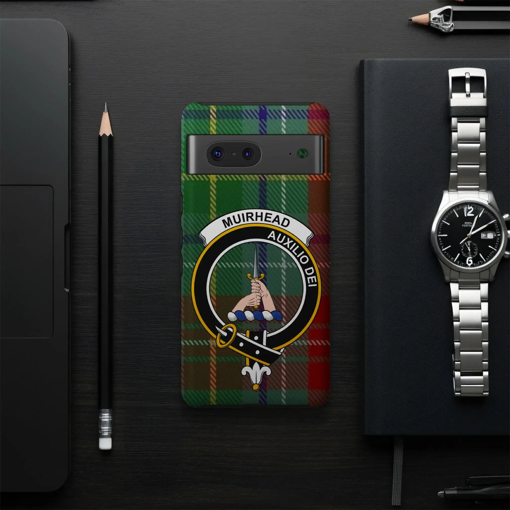 Muirhead clan crest tartan phone case rear view — Auxilio Dei motto on glossy wrap print