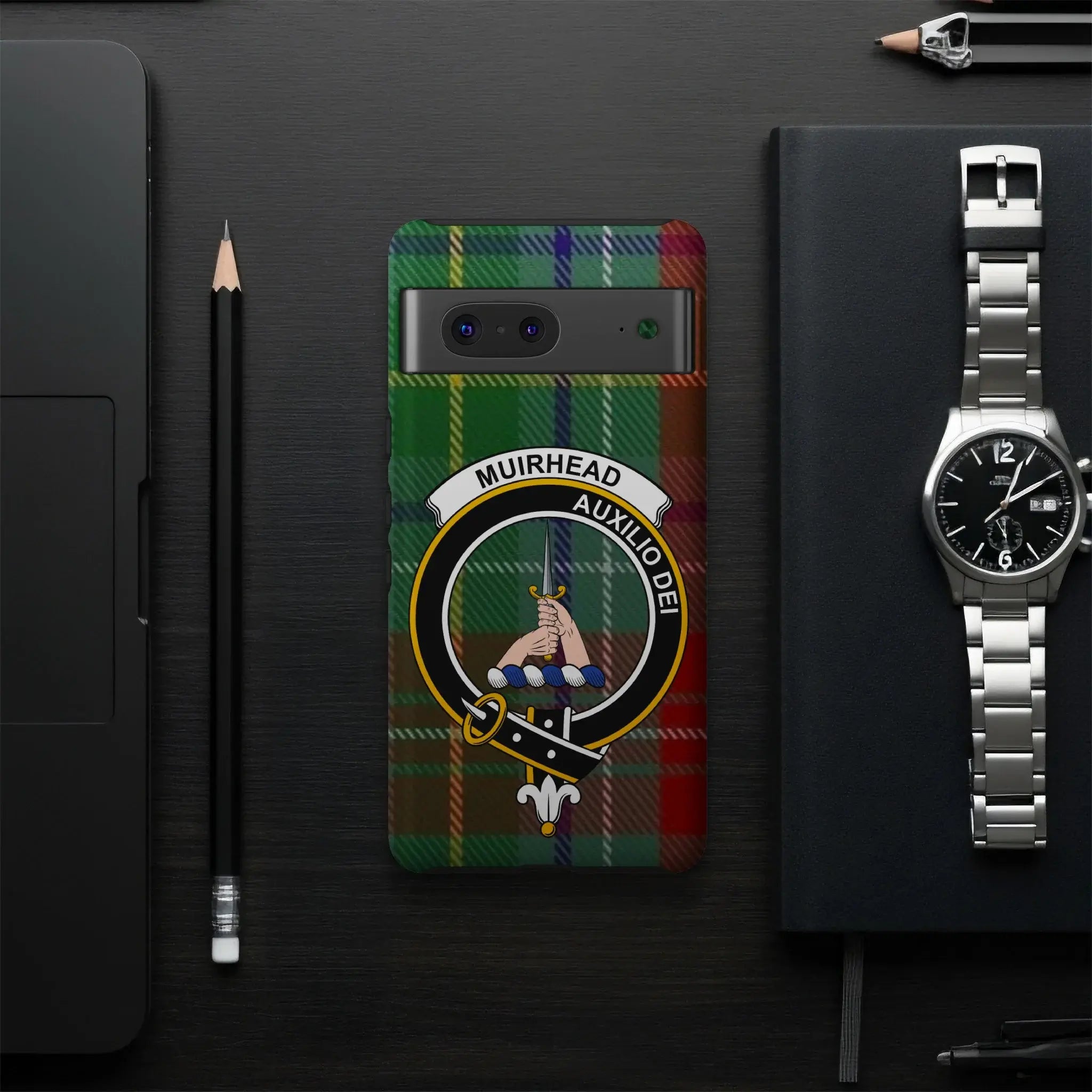Muirhead clan crest tartan phone case rear view — Auxilio Dei motto on glossy wrap print