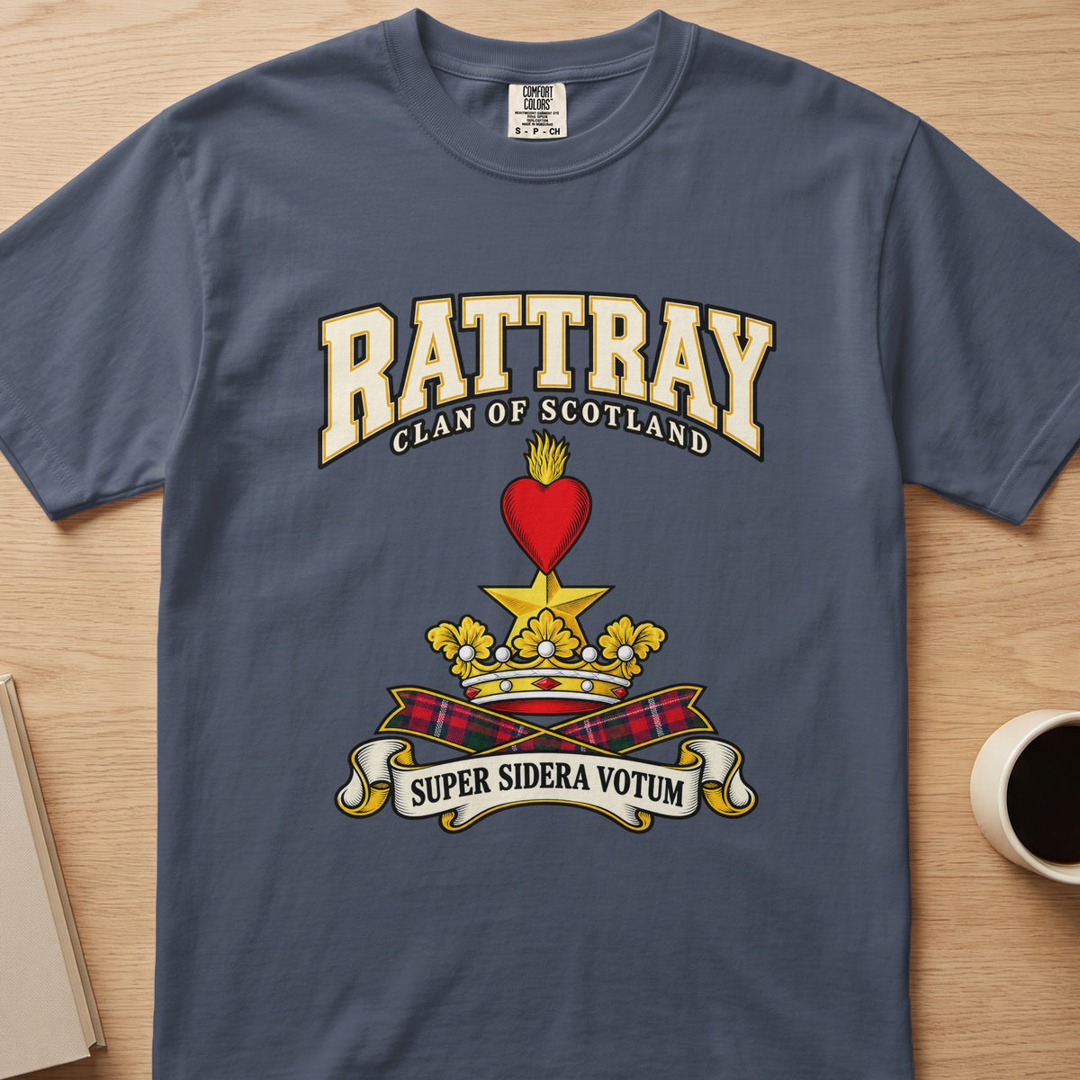 Rattray clan T-shirt in slate blue, front view with red heart above a gold star and crown