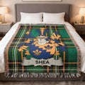 Tartan blanket with SHEA family crest.