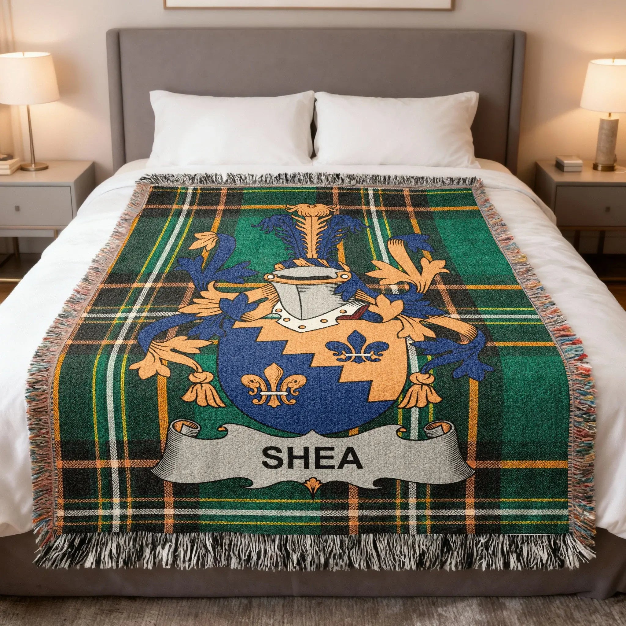 Tartan blanket with SHEA family crest.
