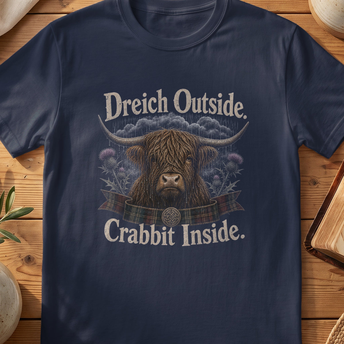 Navy Gildan 64000 unisex T-shirt flatlay with Dreich Outside Crabbit Inside Scottish graphic design