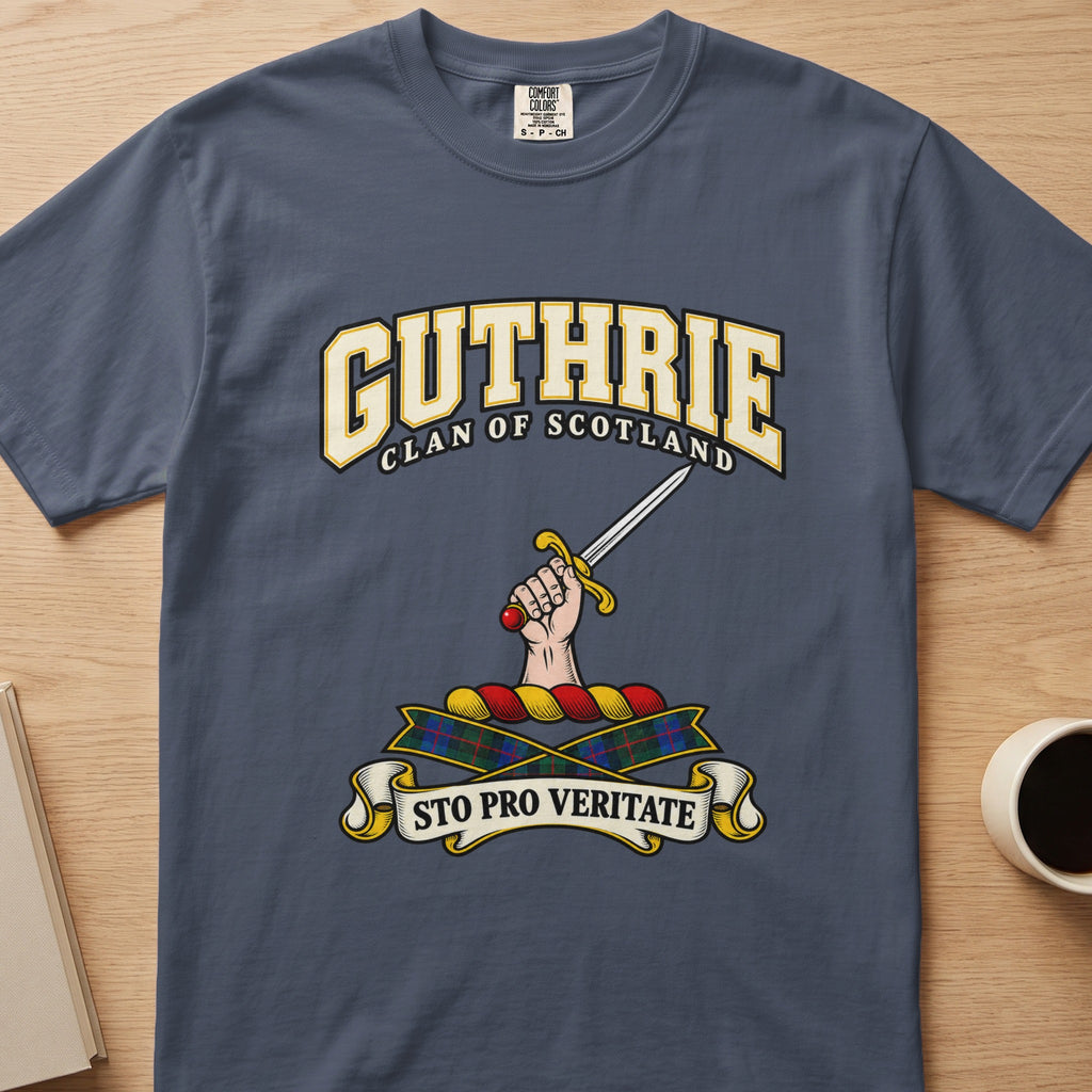 Guthrie clan crest with hand holding a silver sword on a slate blue Comfort Colors T-shirt, front view